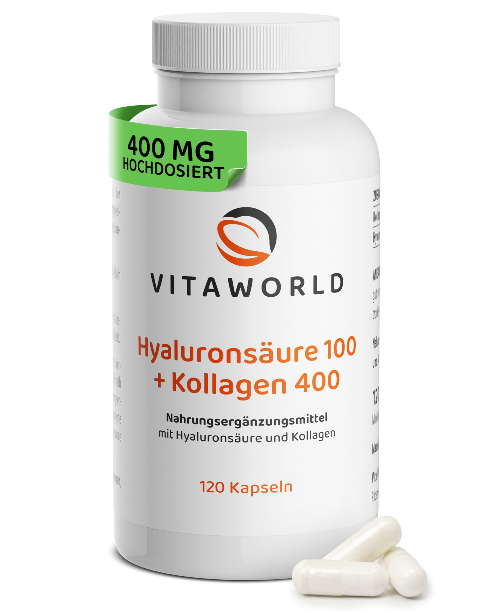 Hyaluron Kollagen Kapseln - hochdosierte 200 mg Hyaluronsäure + 800 mg Kollagen pro Tag (120 Kapseln) – bioaktive Collagen Peptide – Collagen Kapseln ohne Zusätze, laborgeprüft, glutenfrei – vitaworld