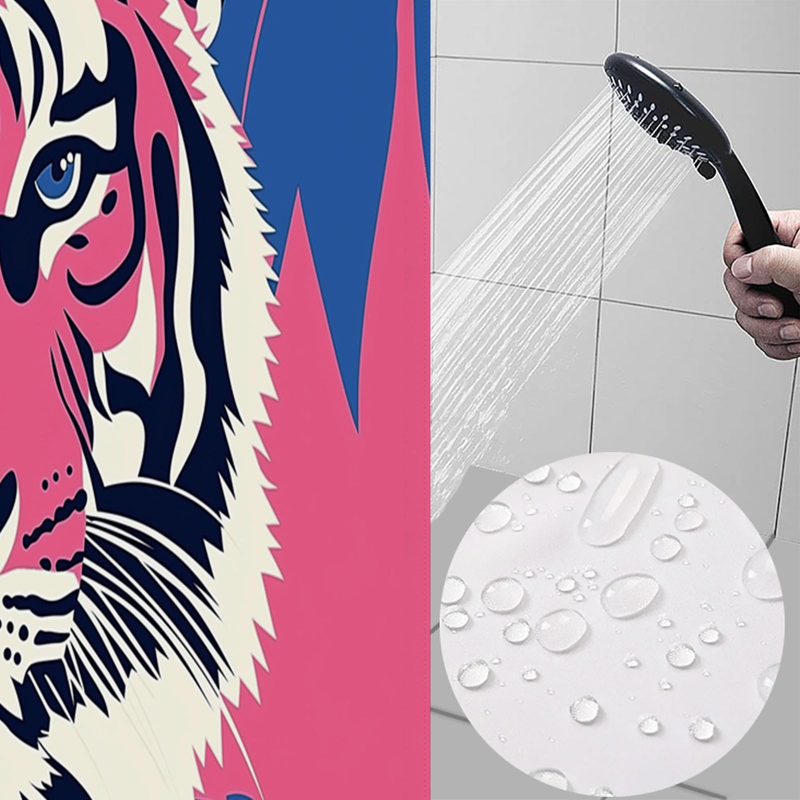 Cortinas de Baño Poliester Lavable, Animales Graffitis Cortina de Ducha, Silueta De Tigre Cortina Ducha 200x200cm, Estampado Cortina Bañera Secado Rápido con 12 x Ganchos