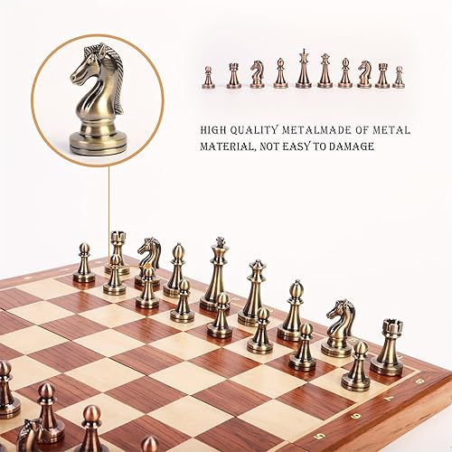 Miniatura 2 de Juego de ajedrez de metal de 15 pulgadas con caja de almacenamiento de madera, tablero de viaje plegable, piezas de ajedrez de aleación para
