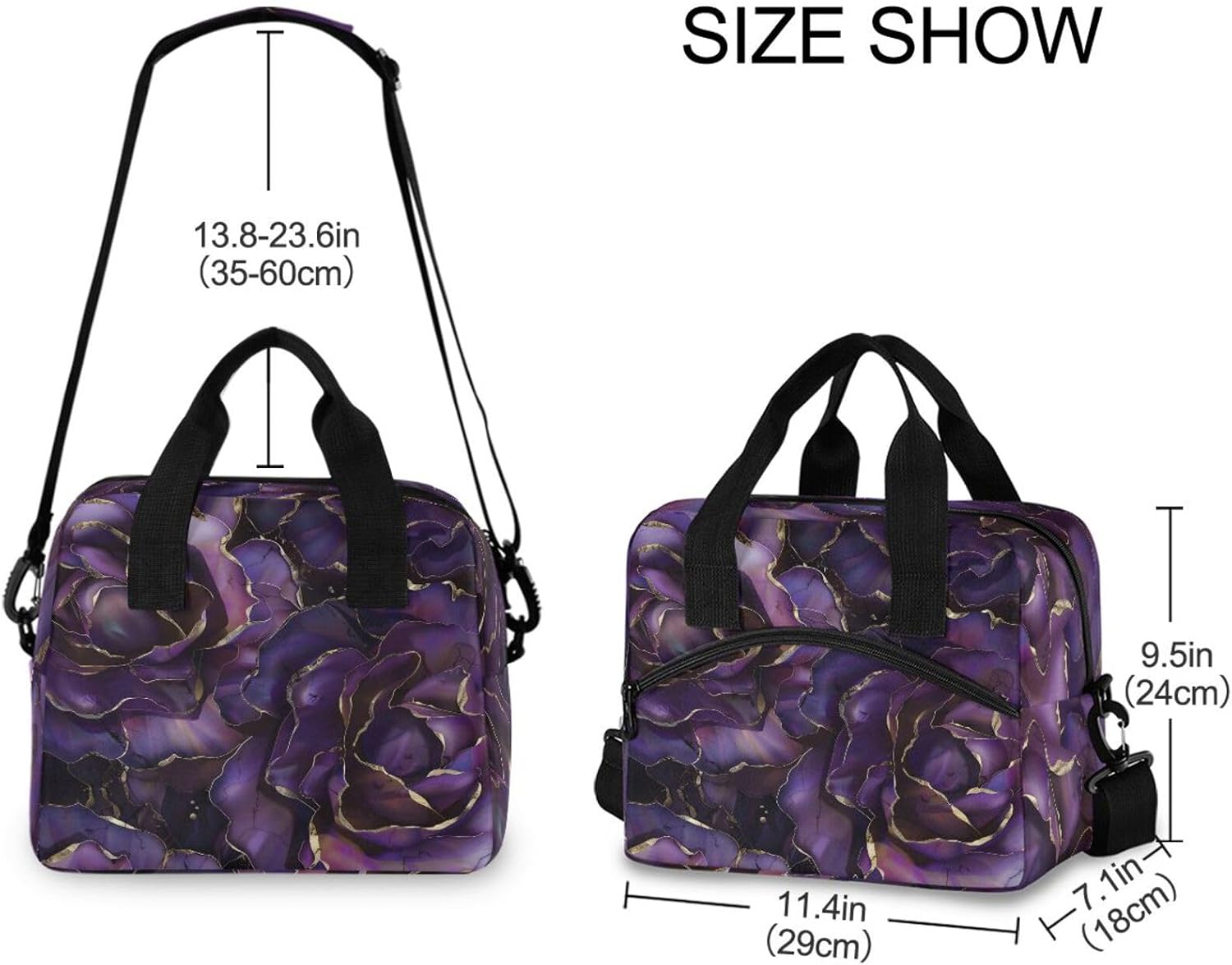 Purple Roses with Golden Edges Lunch Bag, Insulated Lunch Tote Bags Cooler Reusable Lunch Box Food Container with Adjustable Shoulder Strap for Women Men Adults