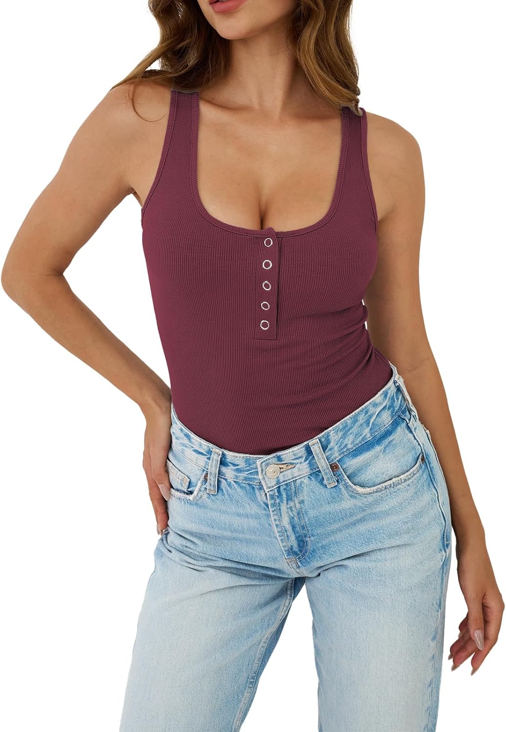 Ribbed Tank Tops for Women Sexy Low Cut Henley Tank Top Scoop Neck Slim Fit Cute Summer Shirts Women 2026 Trendy - Image 2