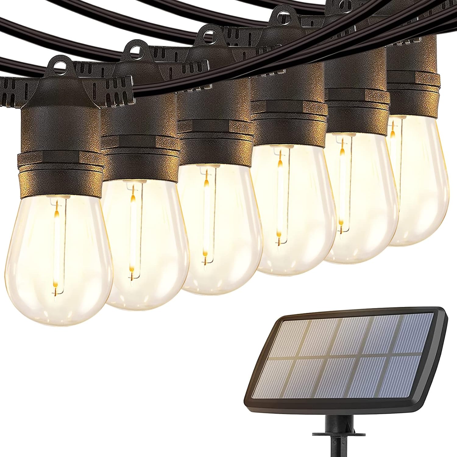 addlon 48FT Solar String Lights Outdoor, LED Solar Patio Lights, Porch Market Lights, Waterproof and Shatterproof, with Vintage Plastic Edison Bulbs, Create Cafe Feeling On Your Garden, Warm Yellow