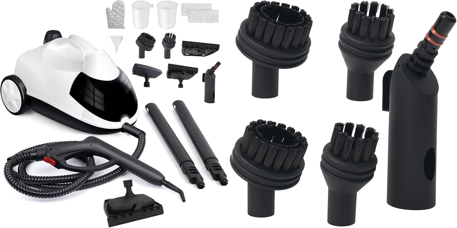 Steam Cleaner 1.5L High-Pressure Steamer, 6-in-1 Multi-Surface Cleaning Machine with 8 Accessories, Fast Heating, UL499 Certified + Brush Attachment Set for WJ558 (4 Nylon Round Brushes & Extended Noz