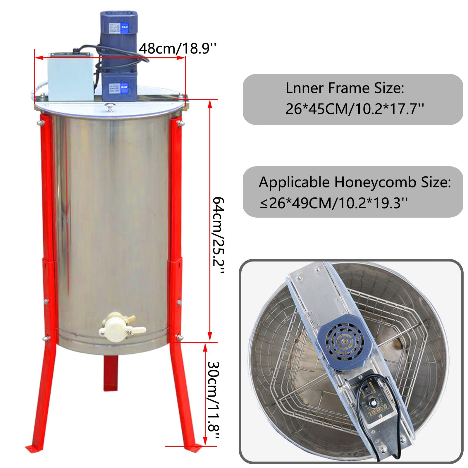 Smielatore Eelettrico, 2/3/4 Telaio Estrattore Acciaio Inossidabile, con Supporto Regolabile e Coperchio Trasparente, per Allevamenti di Api Grandi E Piccoli,4 Frames