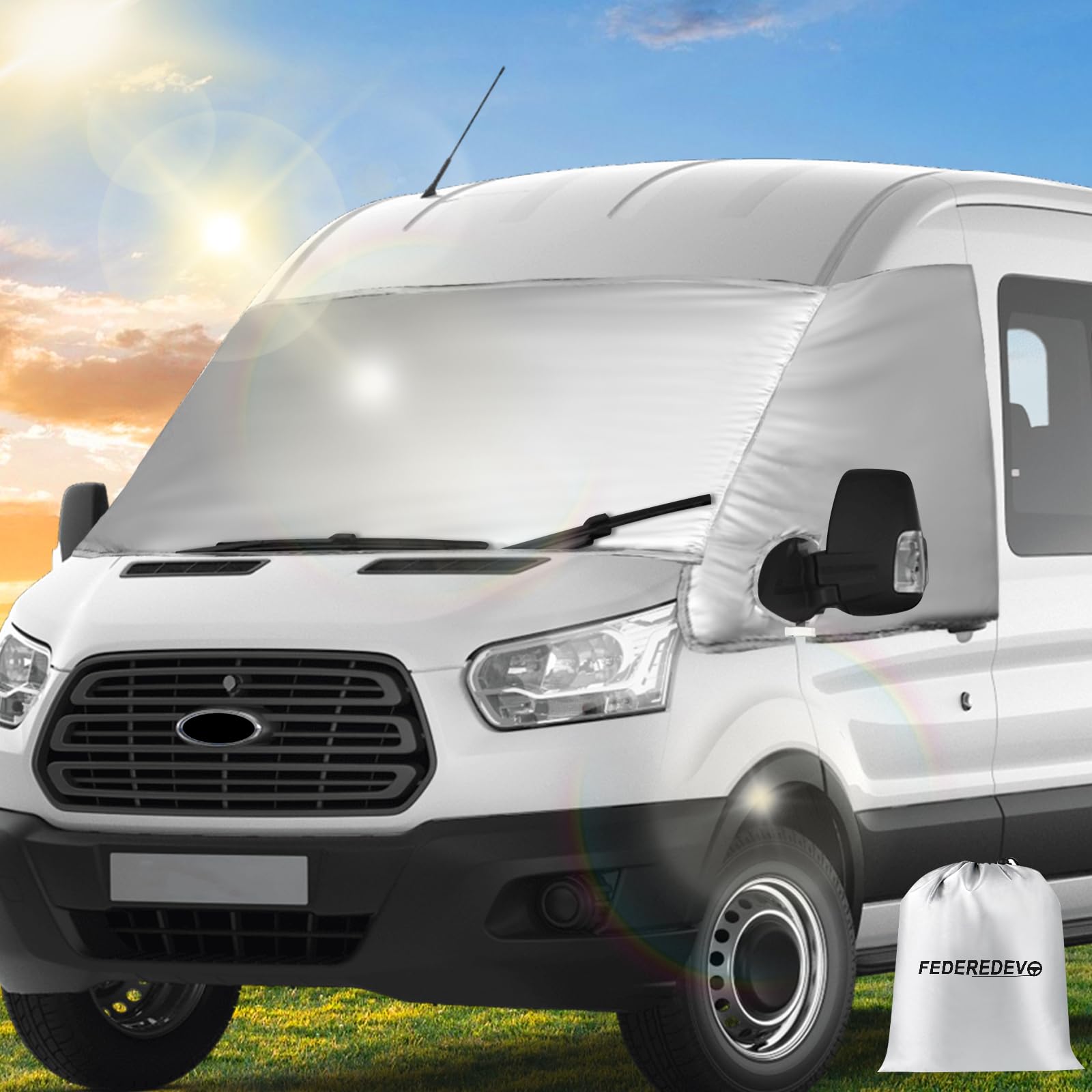 Federedevo Custom Fit Silver Windshield Cover Compatible with Ford Transit 2016-2025 Motorhome,Van for Privacy Blockout UV Reflector Snow Protection