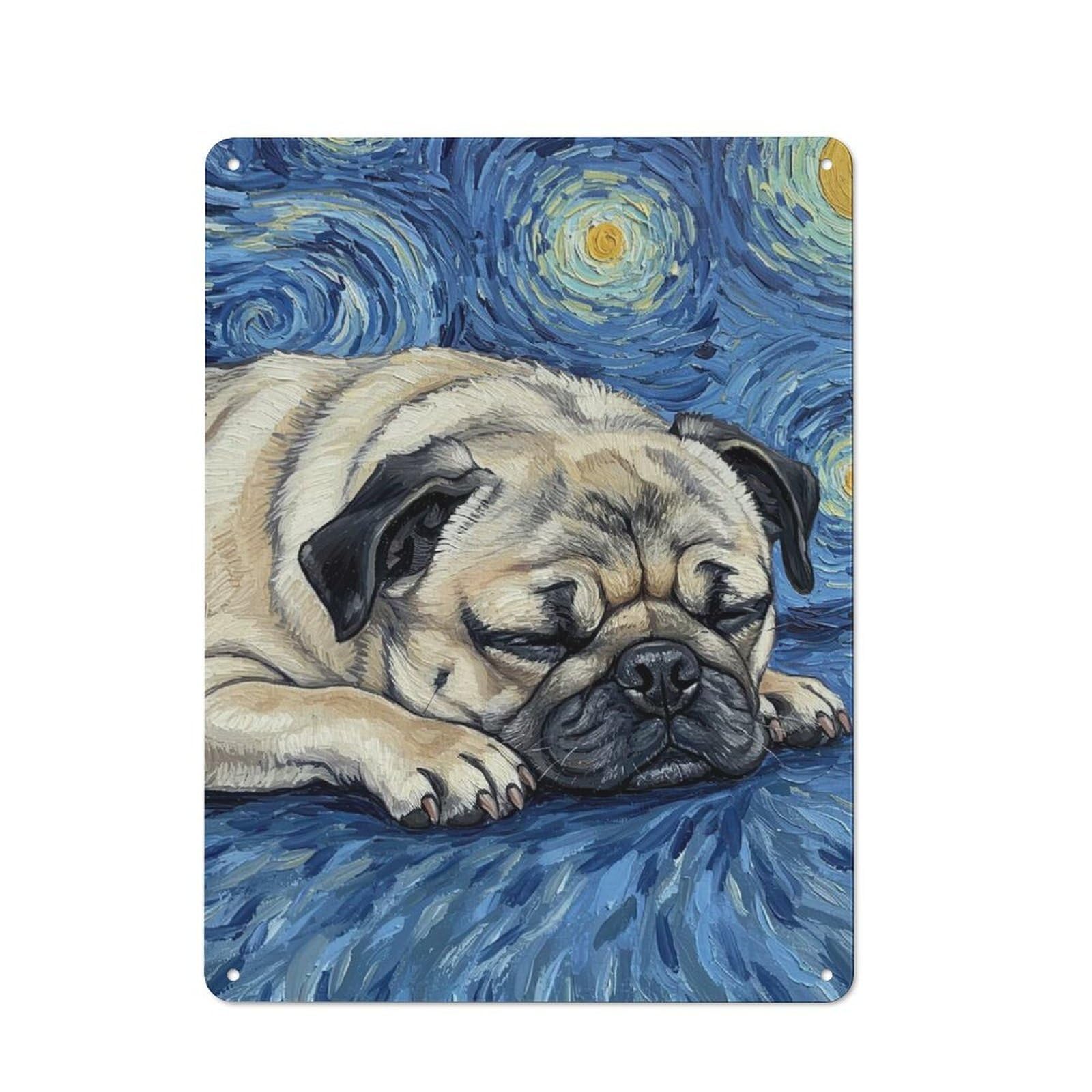 Junmoney Pug Sleeping Starry Night Painting Metal Sign 40X30cm With For Workshop Wall, Vintage Decor, A Decorative Christmas Gift For Metal Sign Collectors