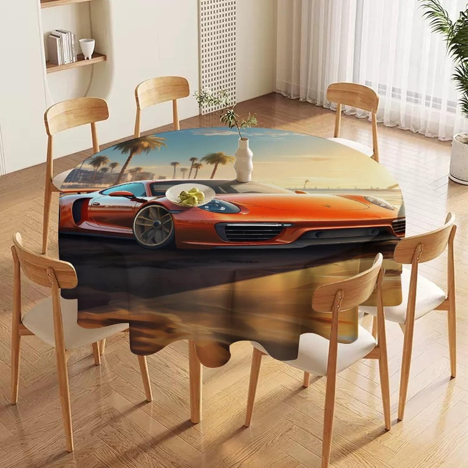 Sport Car Beach Sunset Round Tablecloth Soft Table Cloth Decorative Dining Table Cover for Parties Indoor Outdoor Decor