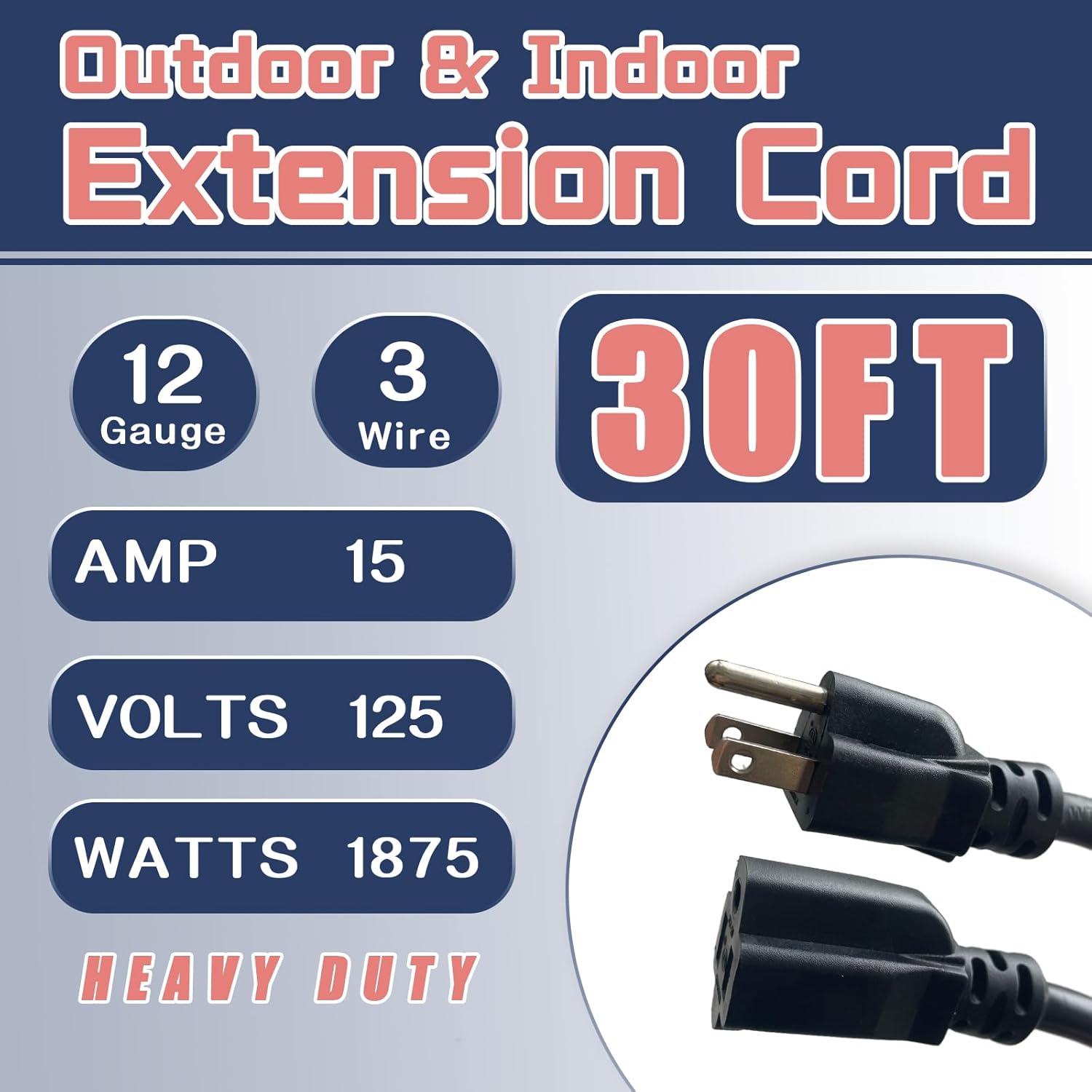 30 Ft Outdoor Extension Cord - 12/3 SJTW Heavy Duty Black Extension Cable with 3 Prong Grounded Plug - Power Cord for Lawn, Garden, Appliances