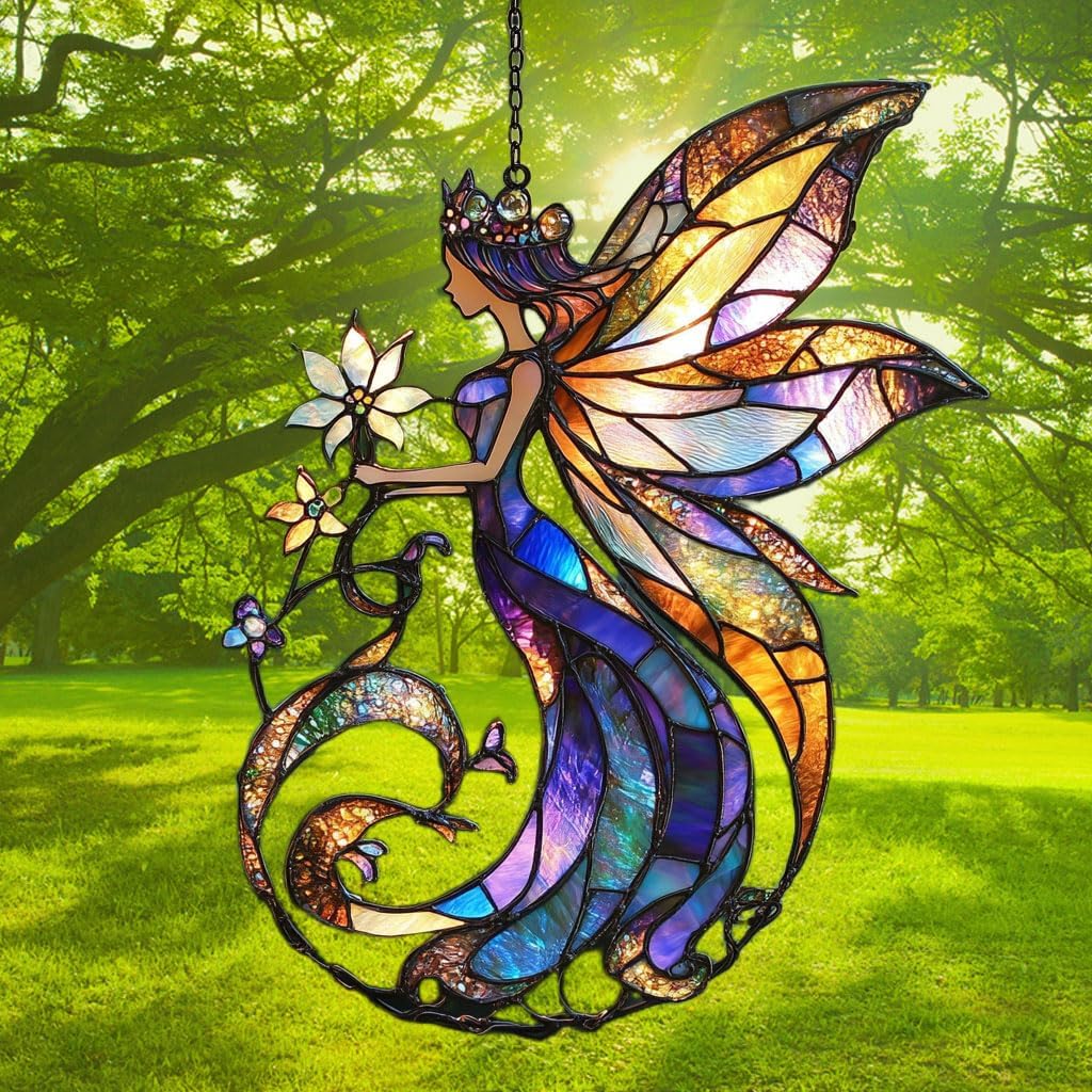 Flowers Fairy Acrylic Suncatcher Stained Glass Effect Window Car Hanging Christmas Ornament Indoor Outdoor Decor Garden Sun Catcher Panel for Fairy Lover for Women Mom Grandma