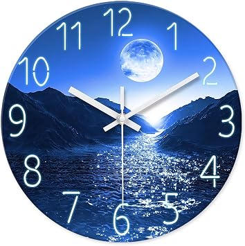 Modern Silent Glass Moon Wall Clock, Battery Operated Non-Tick Wall Clock for Home Office Decor, 14 Inch Round Suitable for Kitchen, Living Room or OfficeBlue4,20 Inch