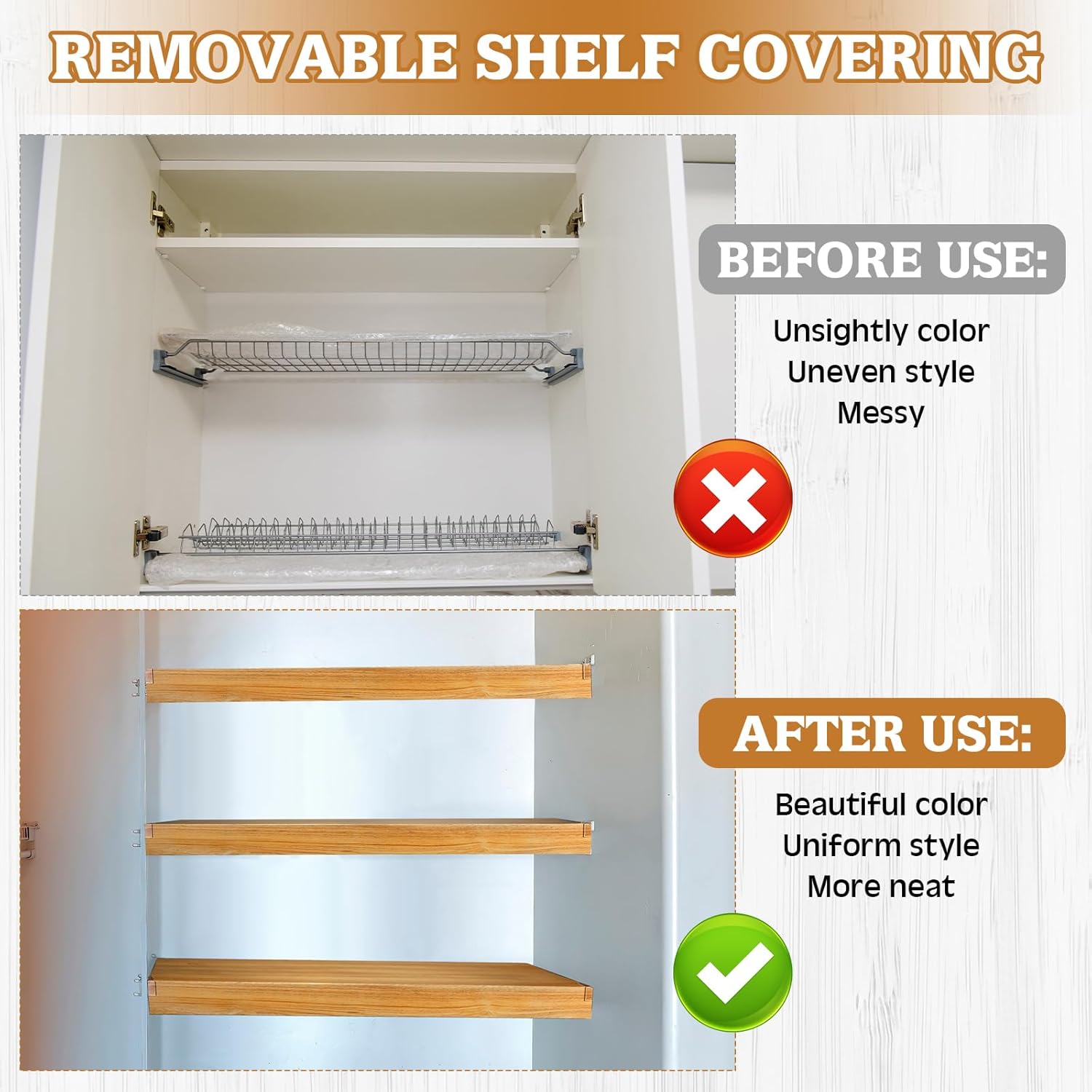 Hoolerry 3 Pcs 24 x 12 Inch PVC Wire Rack Covers for Removable Closet (Not Wood) Wire Rack Covers Pantry Shelves for Bathroom Kitchen Shelving Upgrade(Woodencolor)