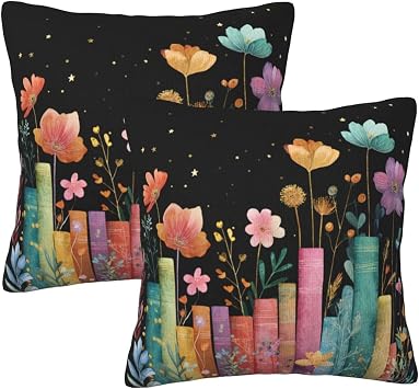Pillow Covers Books Flower Botanical 2 Set Pillowcases Square Cushion Cover Throw Pillows Case Decorative for Sofa Couch Home Bedroom Chair Car Indoor Outdoor 18x18 Inches