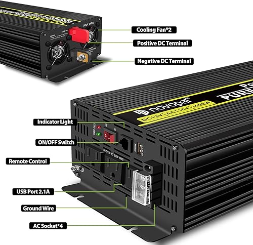 Miniatura 11 de Novopal Inversor de corriente de onda sinusoidal pura de 2000 vatios, 12 V CC a 110 V/120 V, convertidor de CA con 4 salidas de CA, inversor
