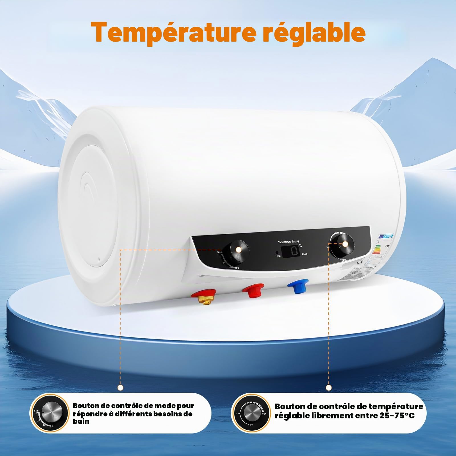 Chauffe-eau électrique - 50 l - Puissance de chauffage : 2000 W - Protection contre les fuites - Suspendu horizontal - 25 à 75 °C - Classe énergétique B