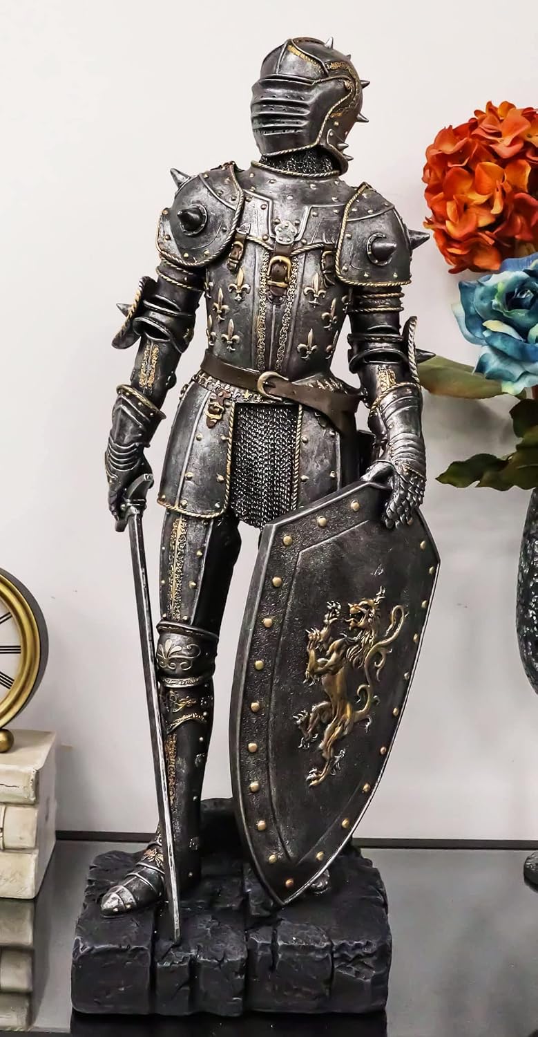 Ebros Gift Large 28.75" High Sir William Marshall Medieval Suit of Armor Warrior Knight Swordsman Statue Royal Lion Heraldry Crest Coat of Arms Knights of Chivalry Home Decor Figurine