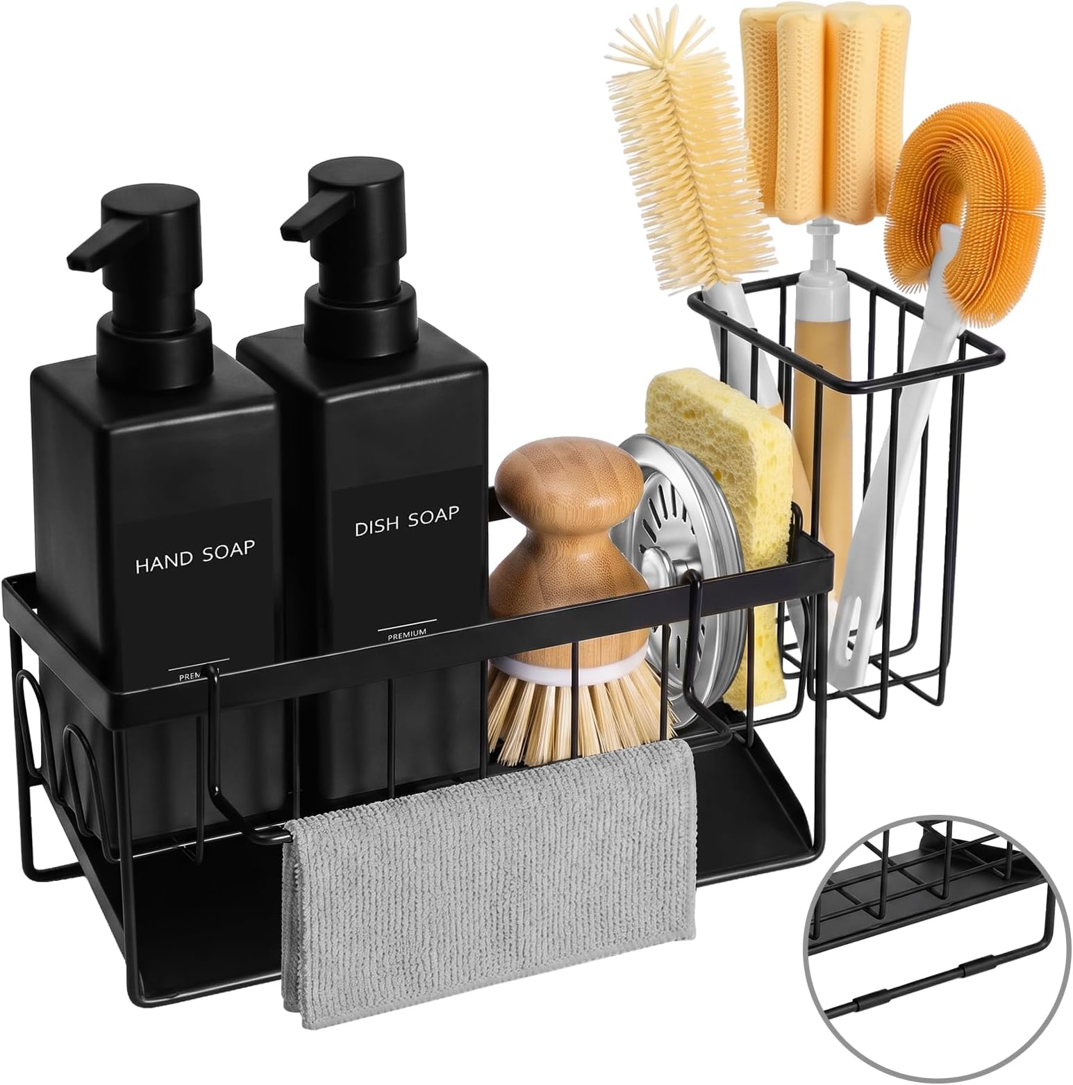 GMISUN Dish Soap Dispenser, 12 fl oz / 350 ml Dual Kitchen Soap Dispensers with Sponge Holder, Customized Matte Black Kitchen Soap Dispenser Set, Modern Hand and Dish Soap Bottle Set Removable