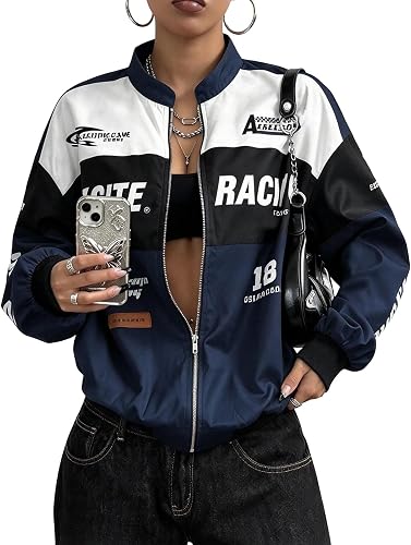 Womens Motorcycle Jacket Race Car Long Sleeve Warm Workout Pullover | Casual Work Hoodies, Lounge Slouchy Jacket, Y2K Racer Jacket for Women, Long Sleeve Bomber Coat, Vintage Racing Style
