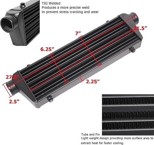 Miniatura 2 de Kit de intercooler universal de 28 x 7 x 2.5 pulgadas con intercooler + 8 tubos doblados de 2.5 pulgadas + 6 acopladores rectos + 2 acopladores de