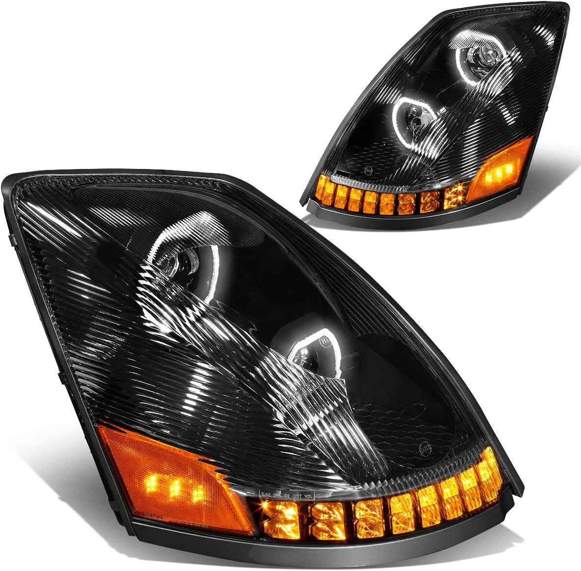 Auto Dynasty Dual LED Halo DRL Sequential Turn Signal Projector Headlights Compatible with Volvo VN VNL 300 400 430 630 740 04-18, Chrome Housing