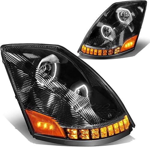 Auto Dynasty Faros delanteros de proyector de señal de giro secuencial con doble LED Halo DRL compatible con Volvo VN VNL 300 400 430 630 740 04-18,