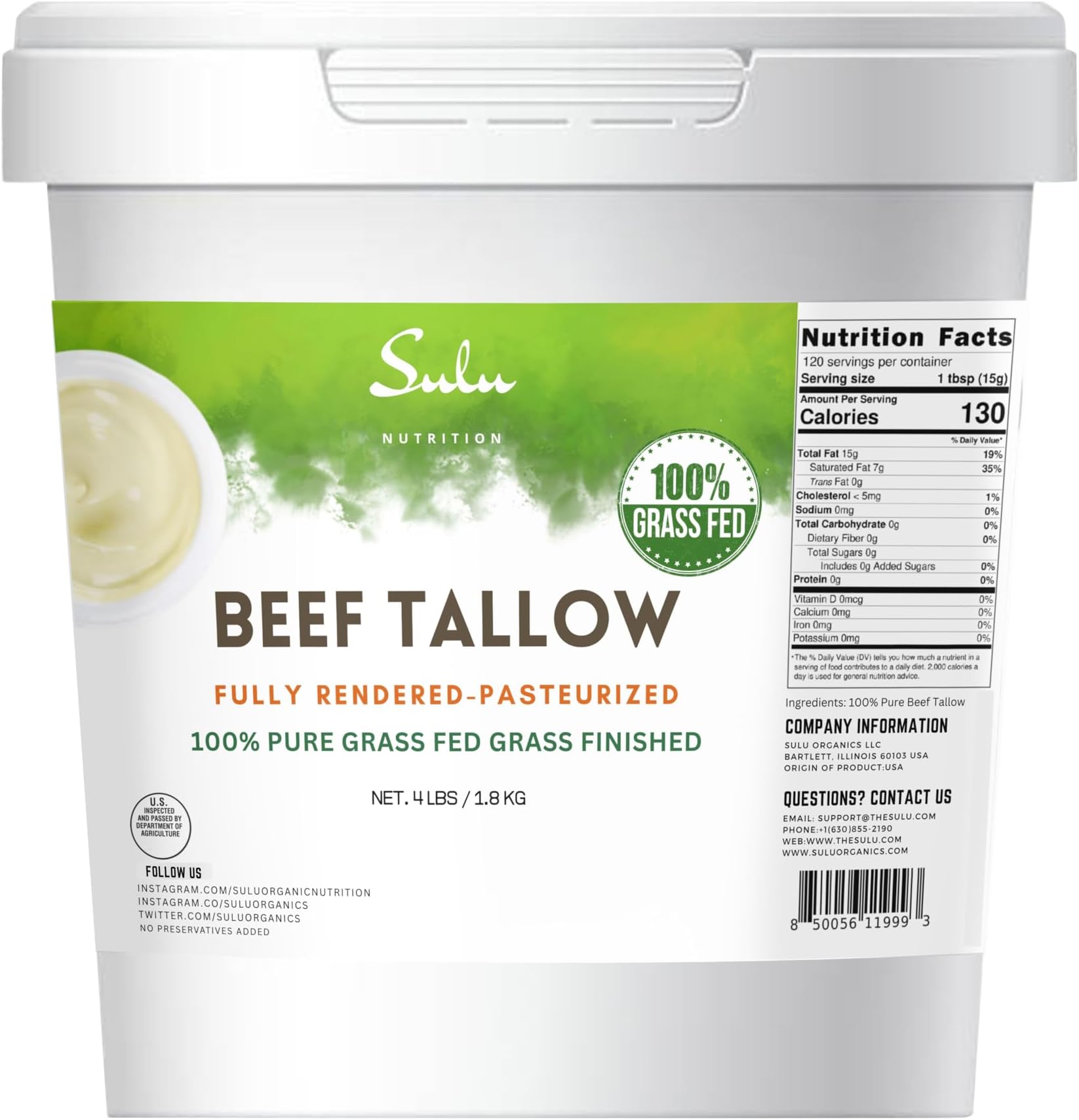 100% Pure Fully Rendered Grass Fed Grass Finished Beef Tallow- (4 lbs)