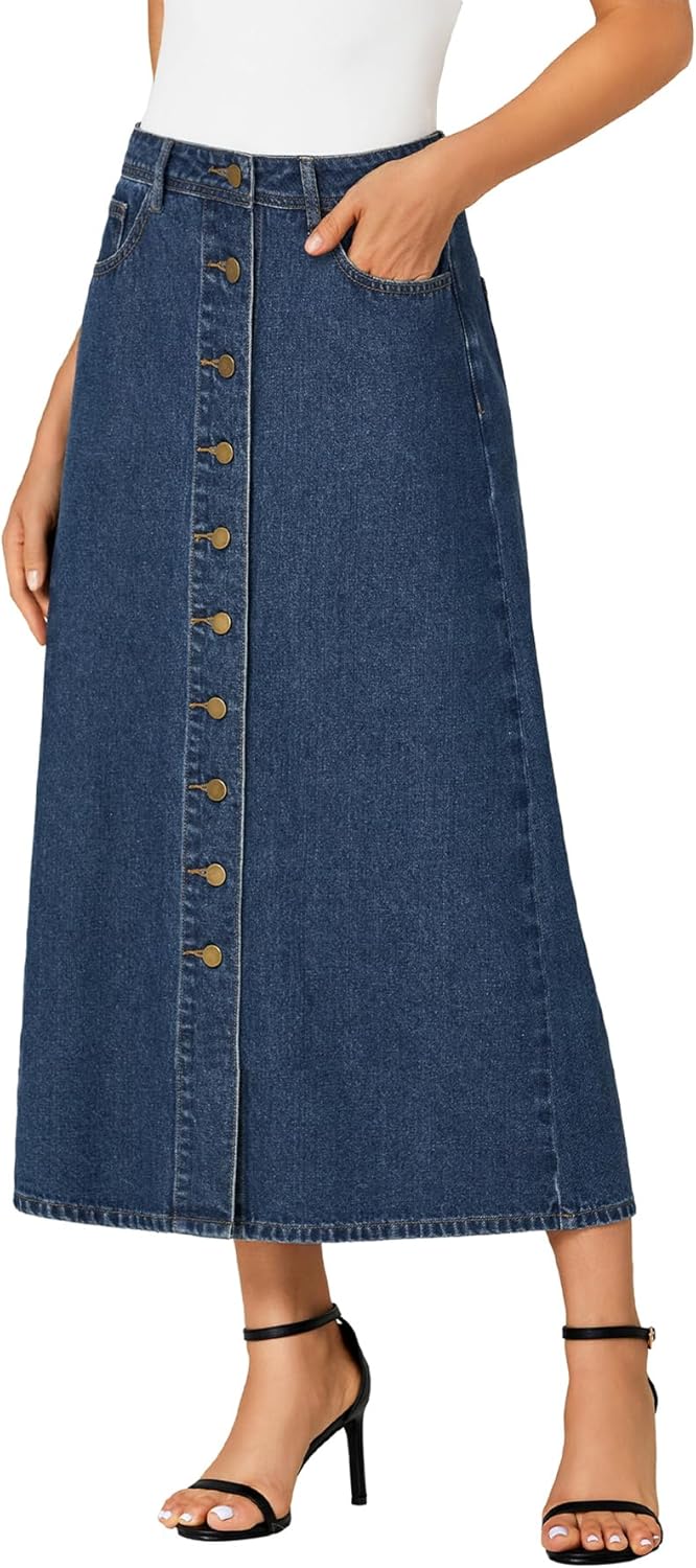 Vrtige Women's Casual Button Down High Waisted A Line Jean Midi Long Denim Skirt with Pockets