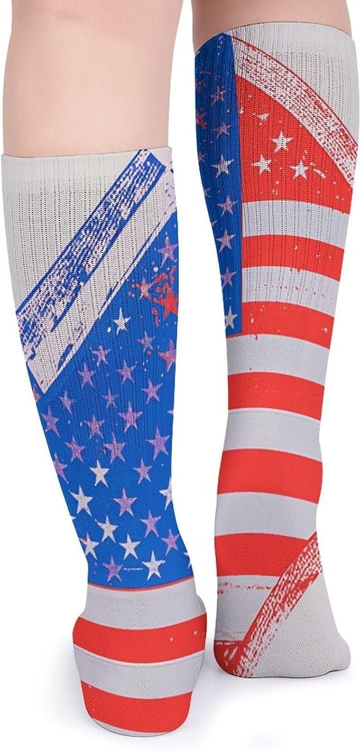 5 Pairs Knee High Socks American Flag Long Tube Boot Seamless Toe