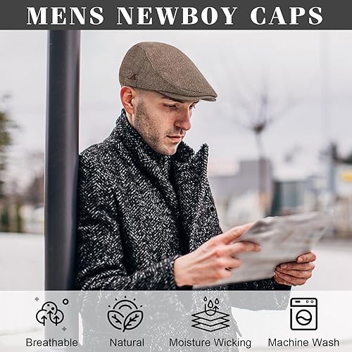 Miniatura 5 de Senker Fashion - Paquete de 2 gorras Newsboy para hombre, ajustables, de espiga, de tweed, de mezcla de lana, gorra plana Ivy, gorra de taxista