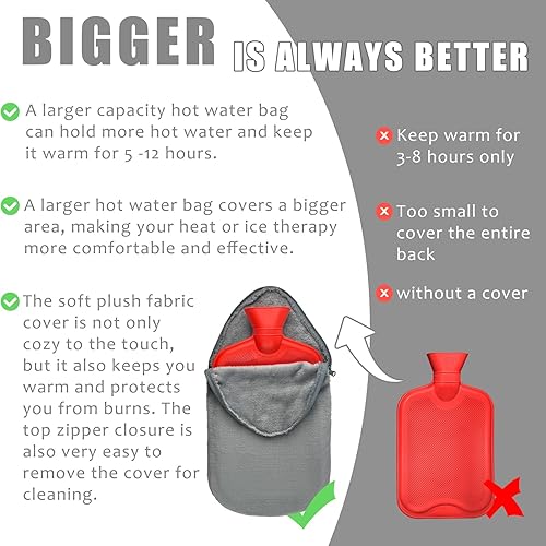 Miniatura 3 de Botella de agua caliente con tapa, bolsa de agua caliente de 3 L, botellas de agua caliente de goma para aliviar el dolor, compresa fría y caliente,