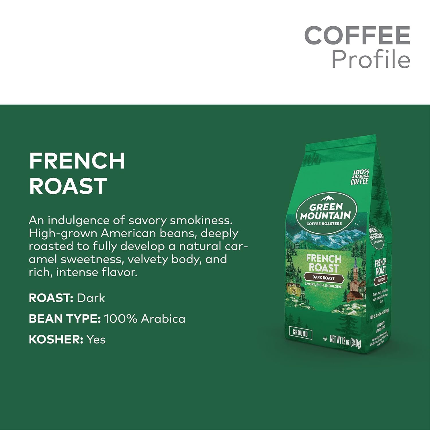 Green Mountain Coffee Roasters, French Roast, Ground Coffee, Dark Roast, Bagged 12oz.