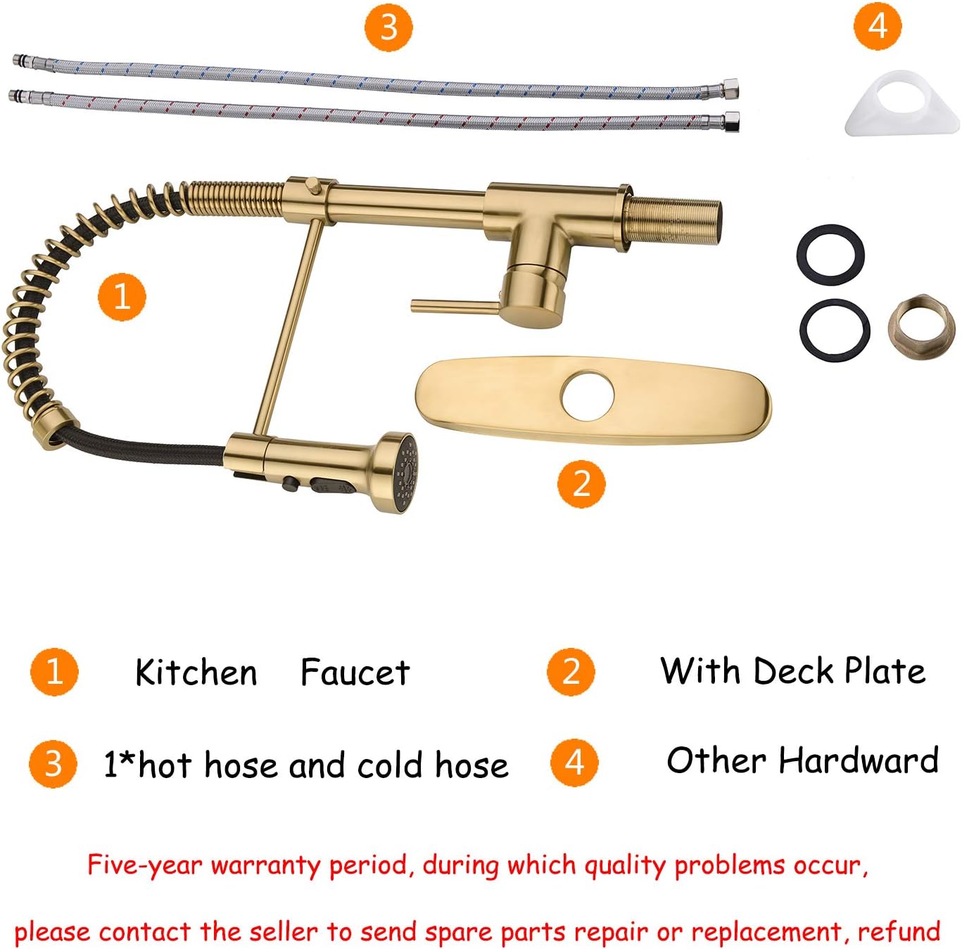 Review BZOOSIU Pull Down Sprayer Kitchen Faucet, Solid Brass Kitchen Sink Faucet with Deck Plate, Commercial Spring Single Handle Kitchen Faucet, Brushed Gold