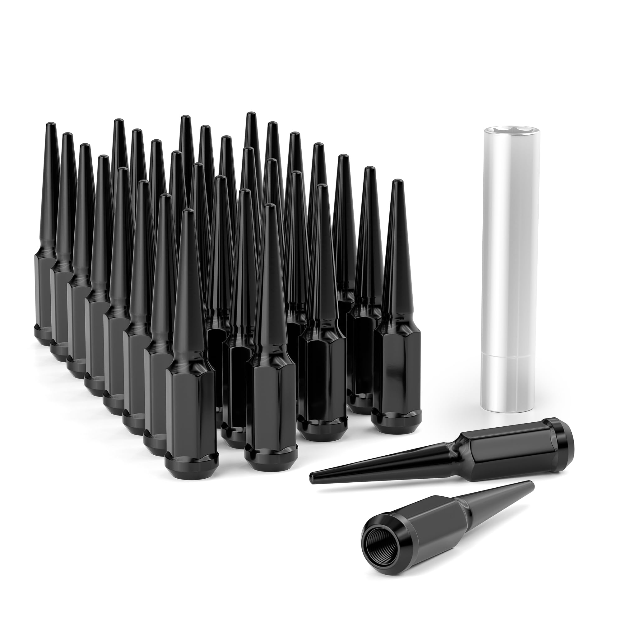 EZISOE 32pcs Black M14x1.5 Spike Wheel Lug Nuts, Closed End Spike Lug Nuts with 1 Socket Key, Conical Bulge Seat, Fit for Silverado,Sierra, Ram 1500