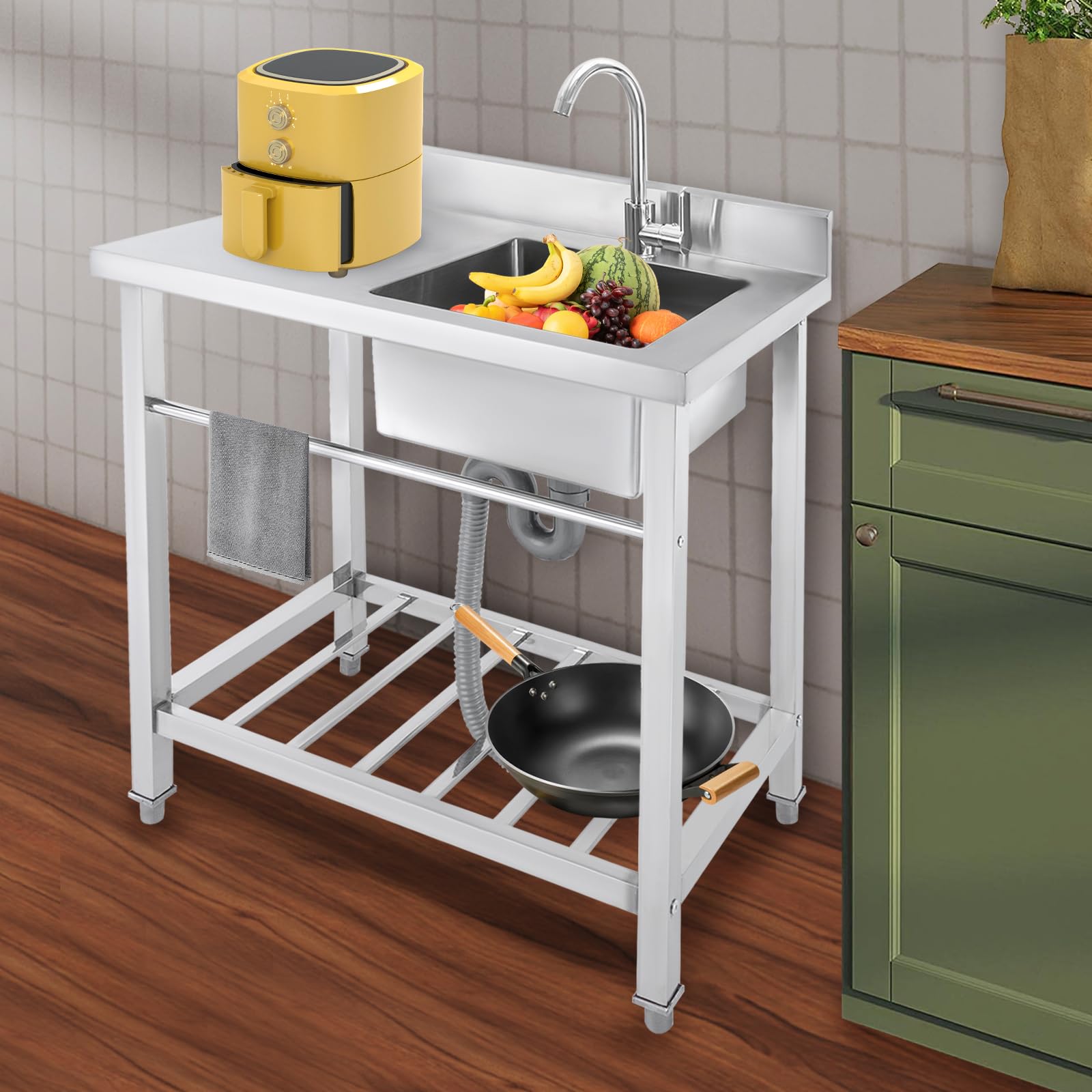 Fregadero independiente de acero inoxidable con soporte y grifo, 1 lavabo grande y encimera, juego completo para exterior, patio trasero, cocina, restaurante, jardín