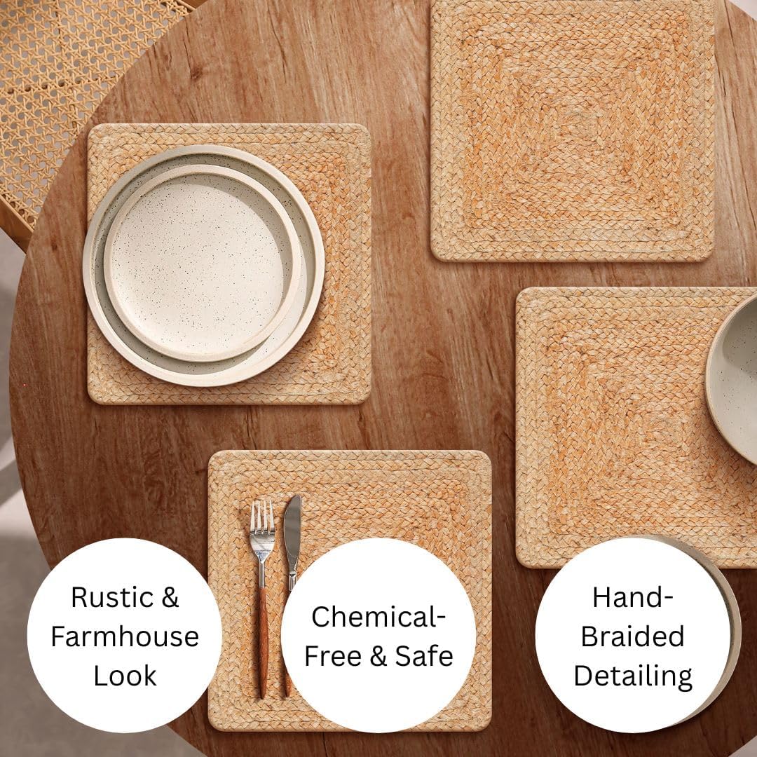 Rustic Braided Jute Placemats Set of 4-14x14 Inch Square Farmhouse Style Natural Jute Dining Table Mats - Durable, Non-Slip, Heat & Scratch Protection 100% Jute Handcrafted Placemats