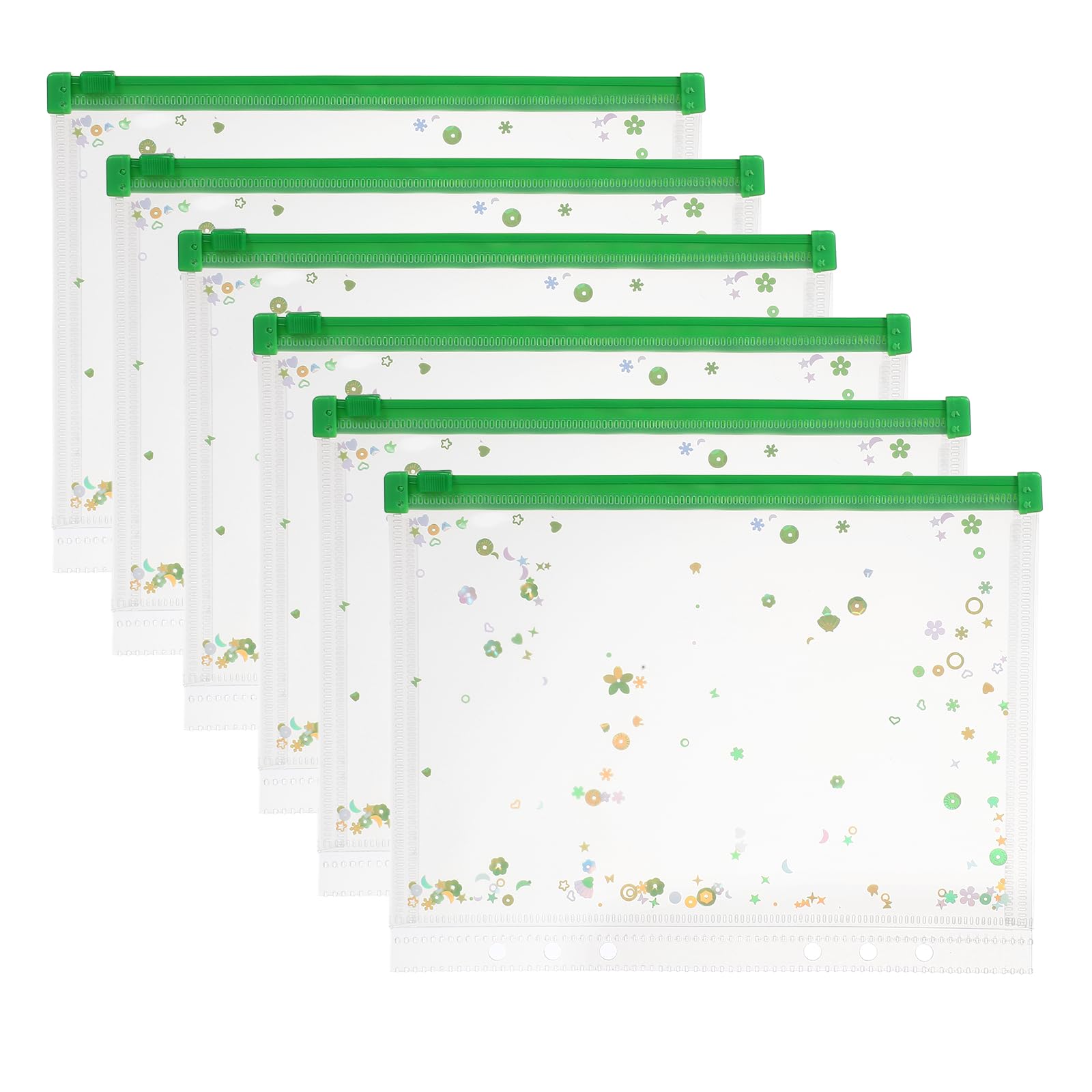 PATIKIL 6Pcs A5 Plastic Binder Zipper, Binder Pockets 9 x 7 Clear Envelope Folders Planner Waterproof Pouch Filing with Sequin Decor for Document Notebook Organizer, Fluorescent Green