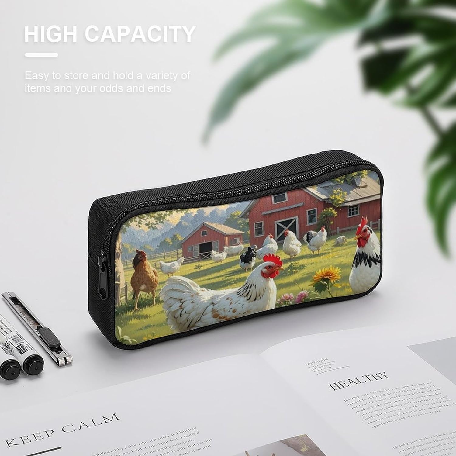 Chickens And Farm Large Pencil Case, Pencil Pouch with Zipper image 4