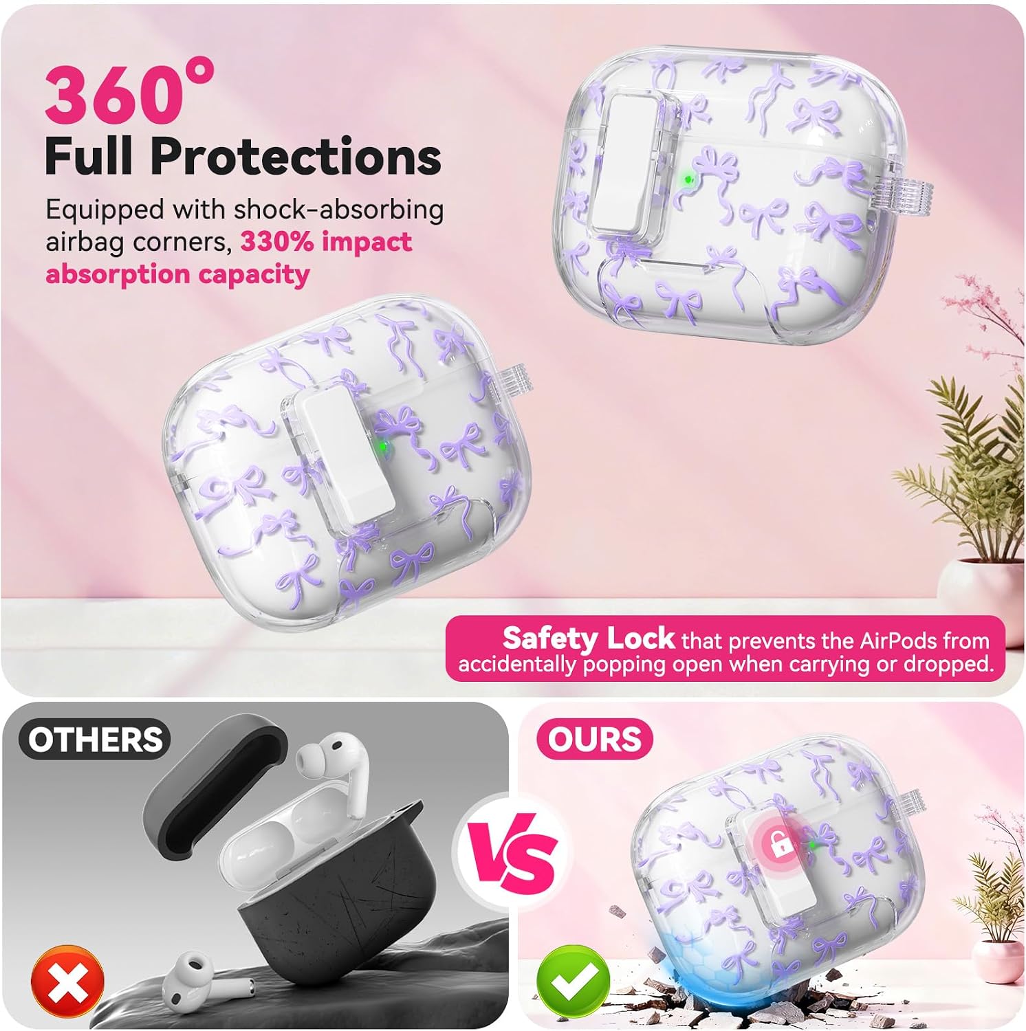 for AirPods Pro 3 Case with Secure Lock & Phone Stand, Bow-Print Clear Case for Apple AirPods Pro 3rd Generation 2025 Cover with Cleaner Keychain for Women Girly (Purple, Airpods Pro 3 (2025)) image 4