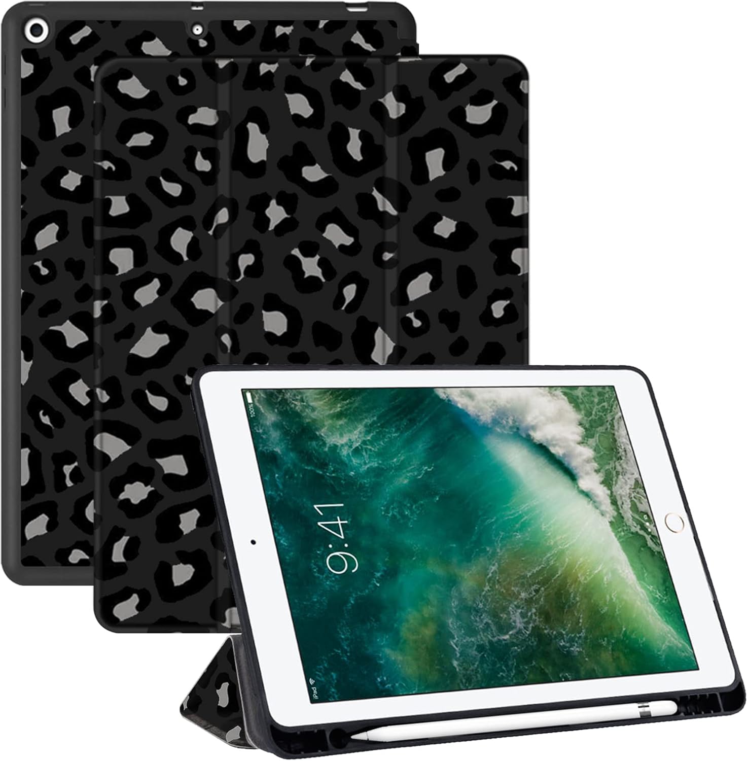 Compatible with iPad 10.2 inch Case,9th /8th /7th Generation Case(2021/2020/2019) with Pencil Holder Soft TPU Back Auto Sleep/Wake Cover-Black Leopard Cheetah
