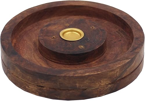 Miniatura 2 de DharmaObjects Soporte para quemador de incienso tallado de madera redonda de 5 pulgadas - Conos o palos