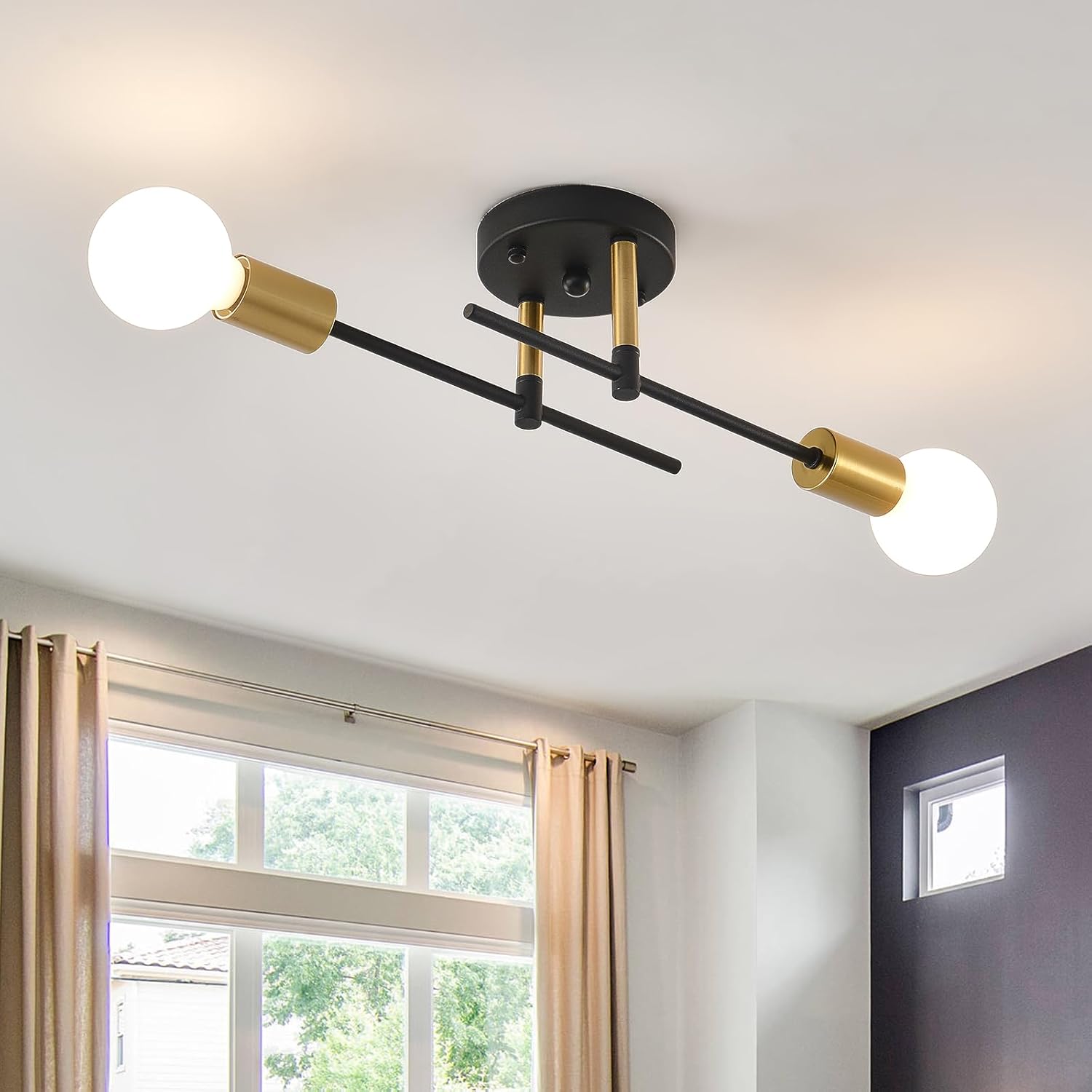 NILSE Modern Sputnik Chandelier, Adjustable Arm 2-Light Wall Lights, Industrial Semi Flush Mount Ceiling Lights Fixture, Ceiling Lighting Fixtures for Dining Bedroom Living Room Foyer Kitchen