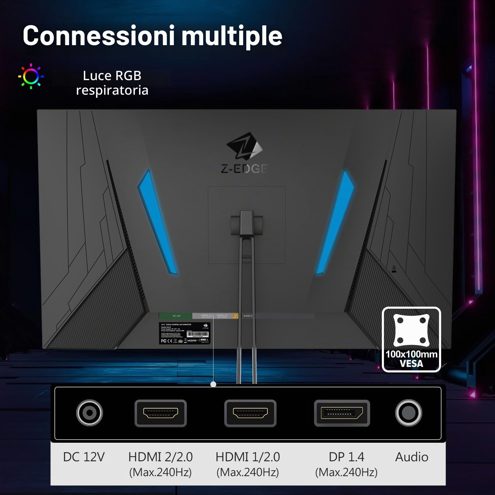 Z-Edge Monitor Gaming 24,5'', 240 Hz, 1ms, FreeSync, FHD(1920x1080), Schermo PC Cornice Ultra Sottile, 5000:1, 2*HDMI2.0 & DP1.4, Inclinazione Regolabile, VA, RGB Luce, VESA 100*100mm(Cavo DP Incluso)