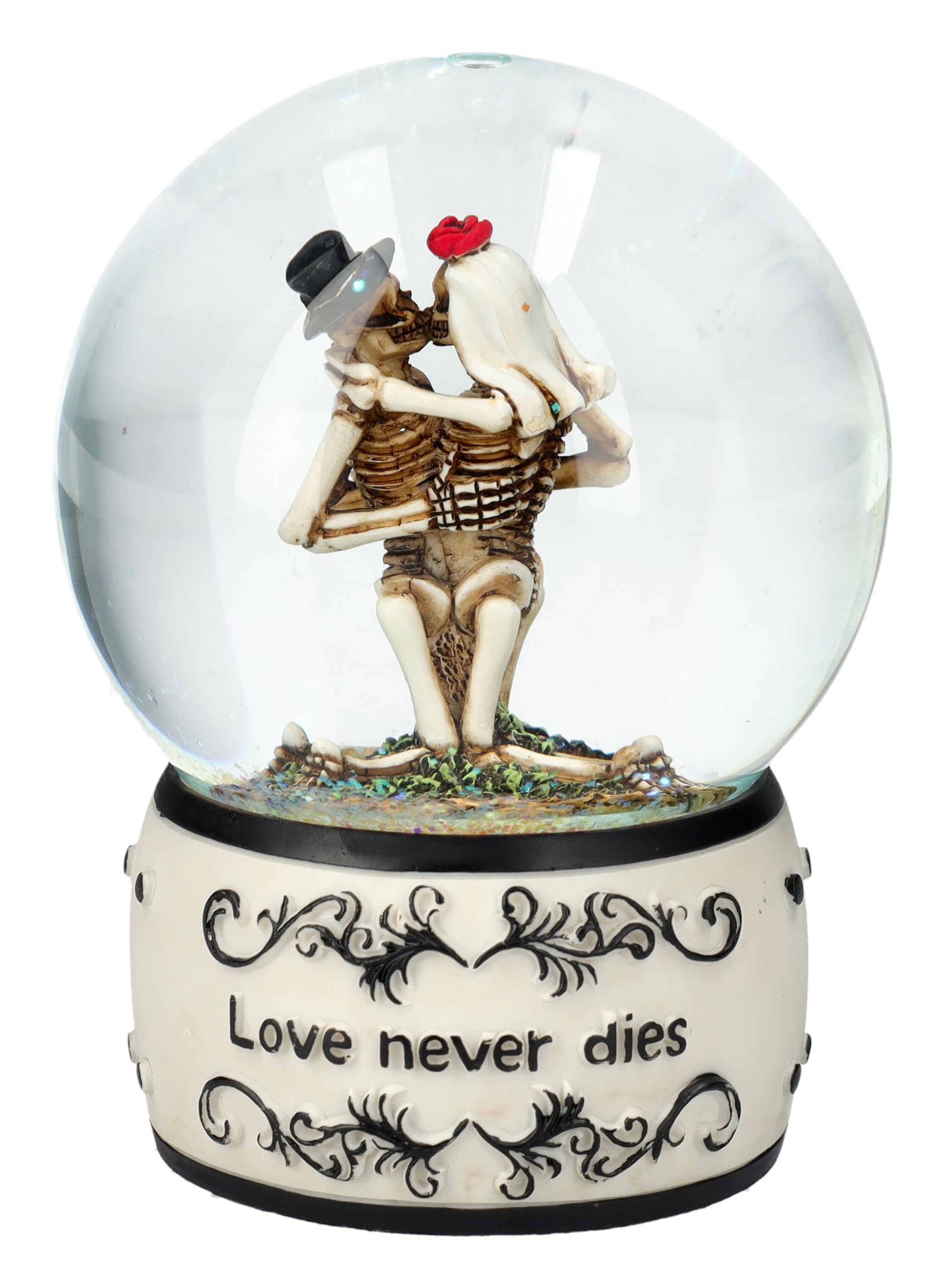 Pacific Giftware Bola de nieve con esqueleto de 13,5 cm – Love Never Dies, decoración gótica, amor, San Valentín, figura de boda