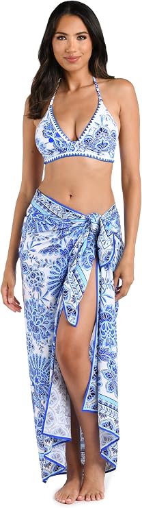 La Blanca blue and white pareo cover up print detail for beach vacation outfit