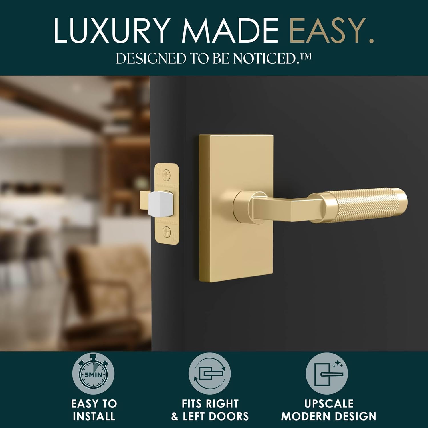Mega Handles Ellis Passage Door Handle - 1 Pack Reversible Gold Door Handle, Heavy Duty No Lock Door Handles Interior for Closet & Hallway, Fits All Standard Door Sizes - Satin Brass