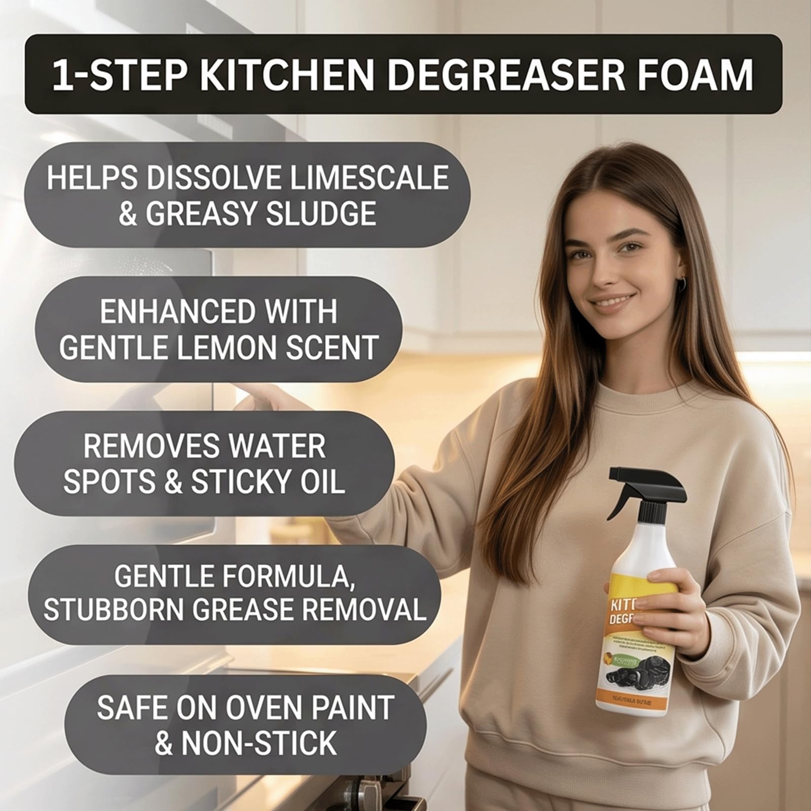 Lemon Fresh Scent Kitchen Degreaser Foam Cleaner Spray - Kitchen FoamCleaner & Dégraissant, bez spłukiwania wielopowierzchniowy środek do czyszczenia piany, usuwa tłuszcz, zmatowienie, olej (5 szt)
