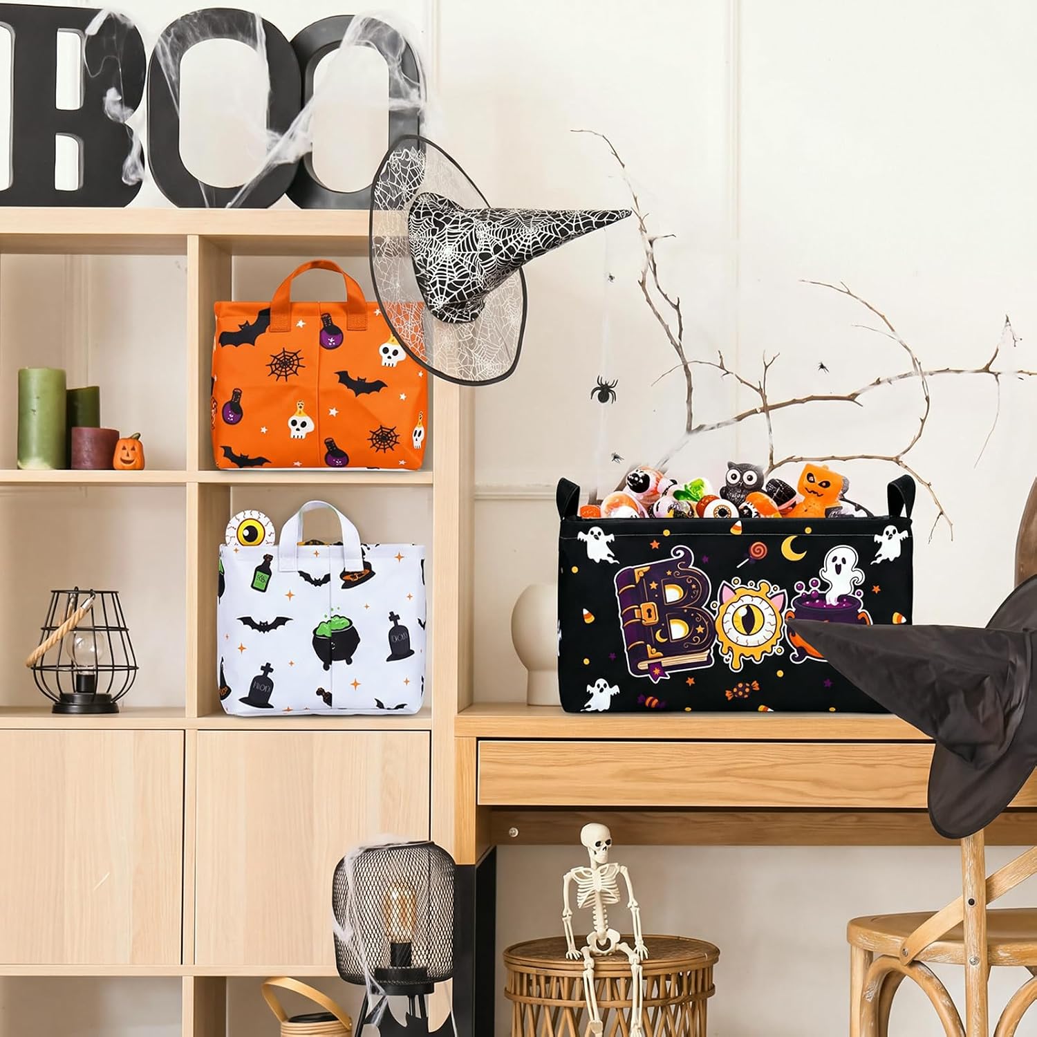 Bucherry 3 Pcs Collapsible Storage Baskets with Handles,Halloween Boo