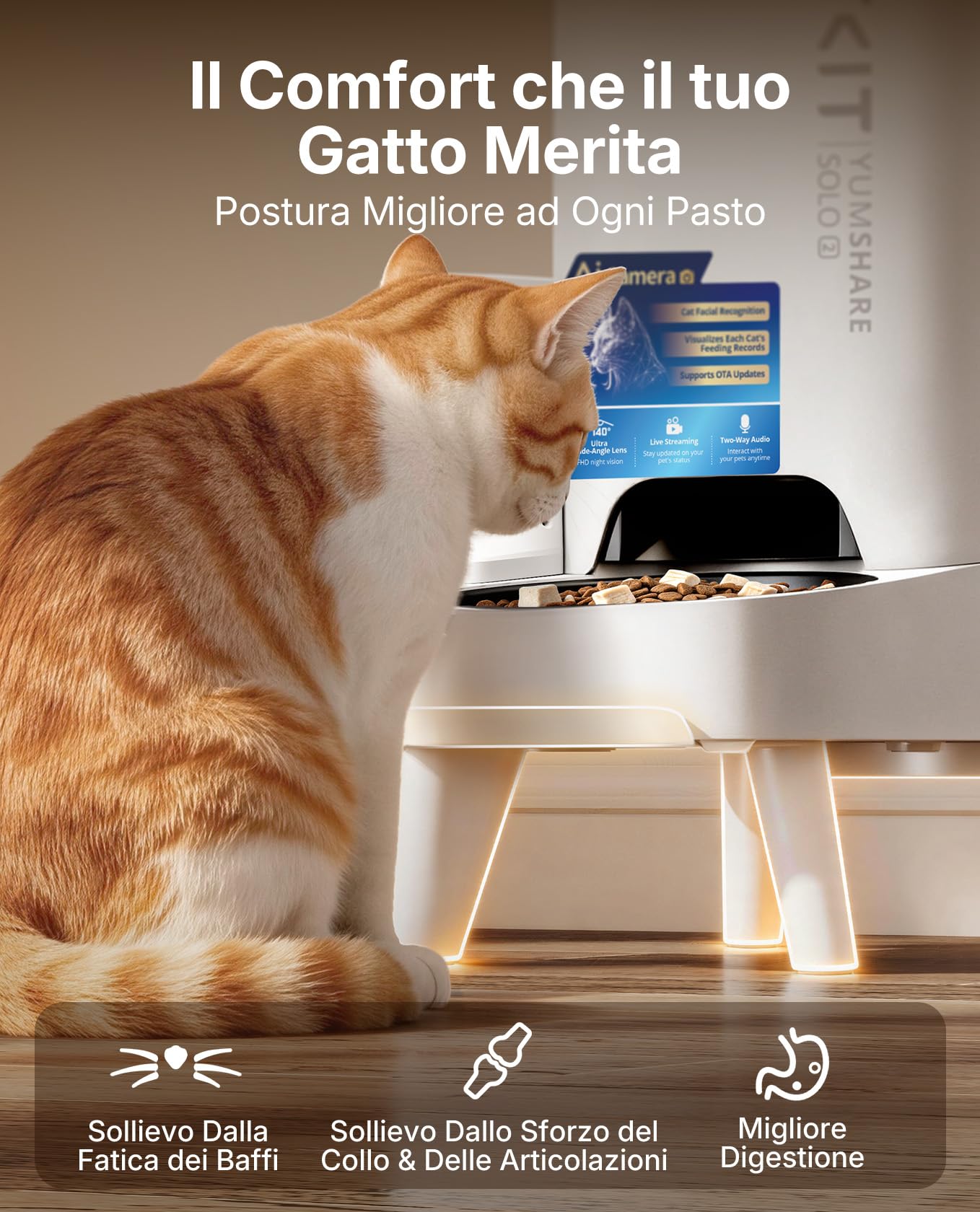 PETKIT YumShare Solo 2 Distributore Automatico di Cibo per Gatti con Telecamera HD 1080p, Riconoscimento Multiplo Gatti, Funzioni AI, Wi-Fi 2.4/5 GHz, Capacità 3L, Ciotola in Acciaio Inossidabile