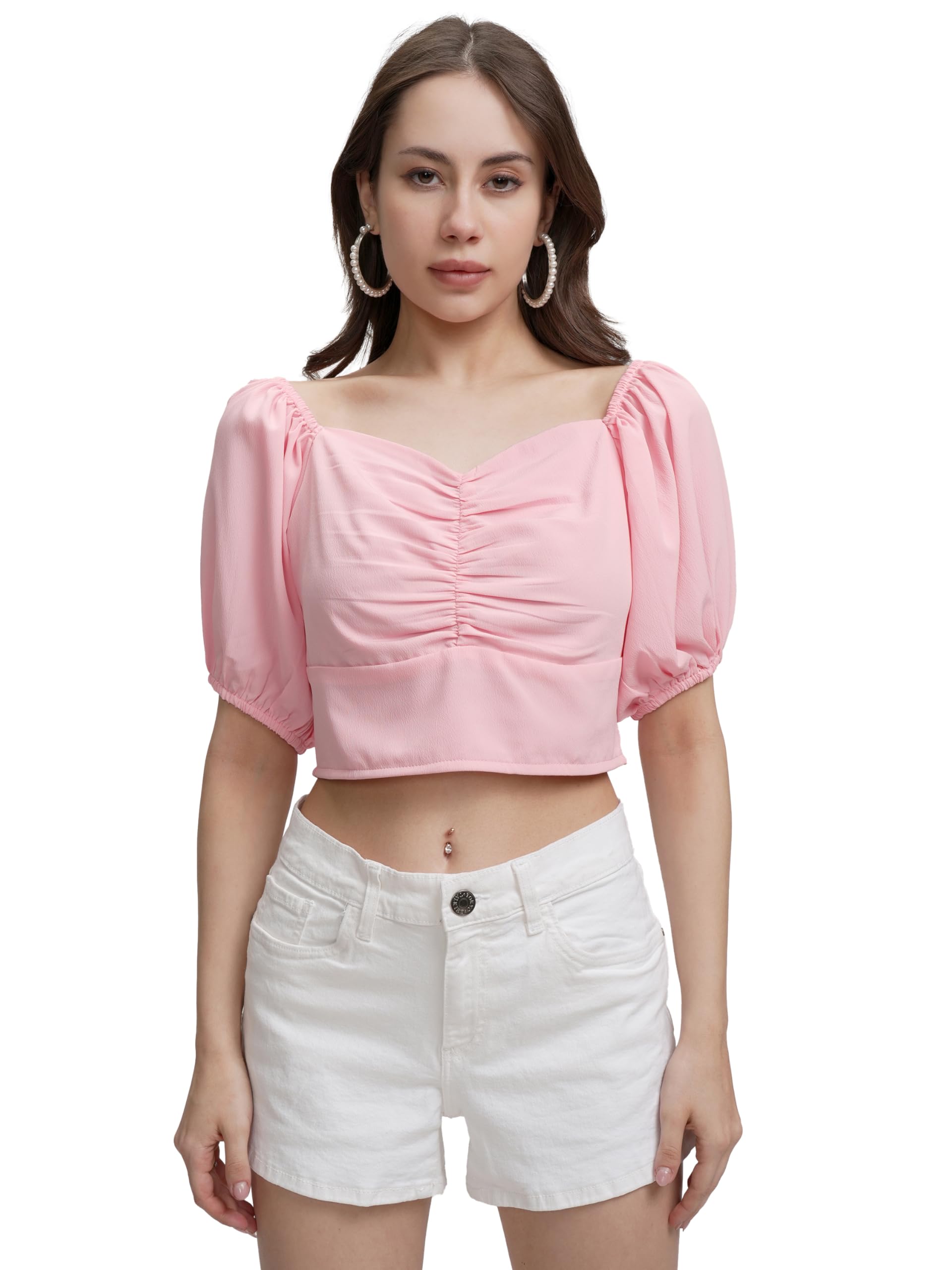 Tokyo Talkies Women's Fitted Crop Top | Short Puff Sleeves | Front Gather Detail | Chic & Flirty | Perfect for Casual & Dressy Outings | Tops for Woman | Women Tops | Women Crop Top-picture-19