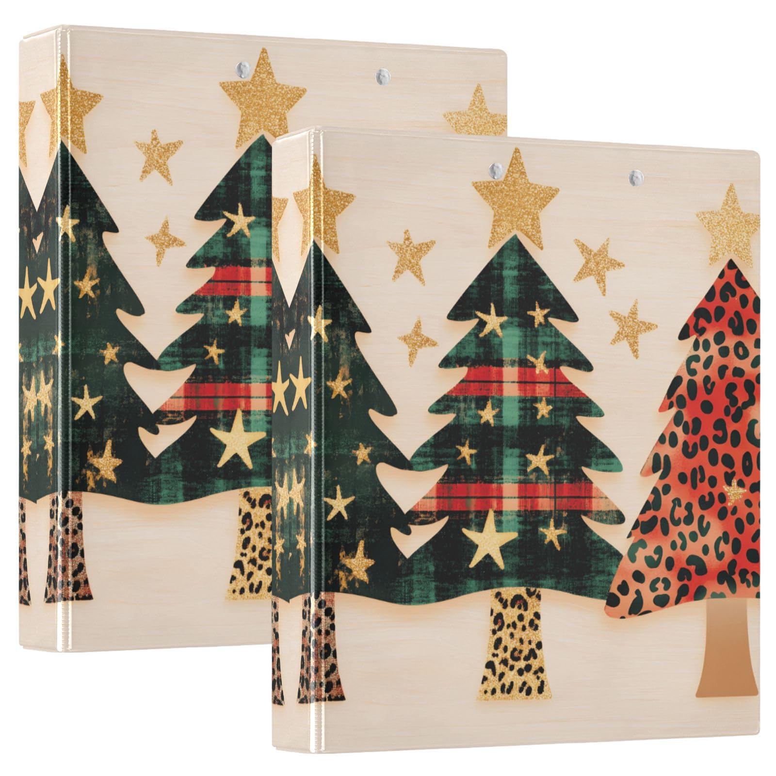 Confezione da 2 raccoglitori a 3 anelli, con tre alberi di Natale con stampa leopardata, 3,8 cm, con 3 tasche trasparenti, portablocco e contiene 200 fogli, per ufficio, scuola
