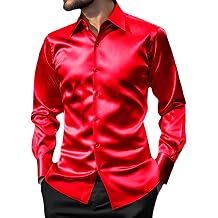 AOTORR Mens Luxury Shiny Silk Like Satin Button Up Dress Shirts Slim Fit Long Sleeve Nightclub Party Disco Prom Shirts